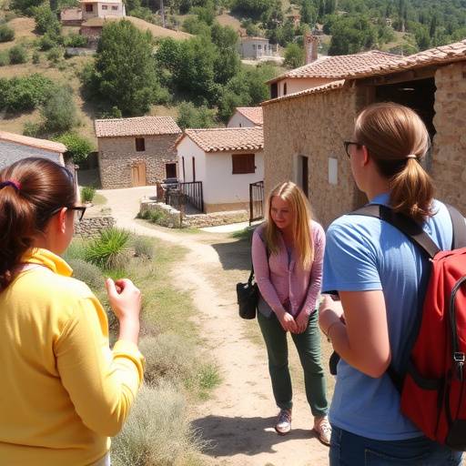 Grupo de turistas participando en una actividad de voluntariado en un pueblo rural espa&radic;&plusmn;ol.