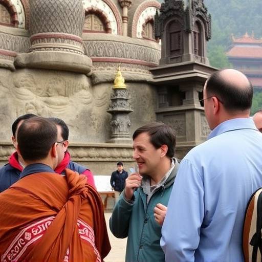 Grupo escuchando a un gu&radic;&ne;a tur&radic;&ne;stico explicando la historia del monasterio