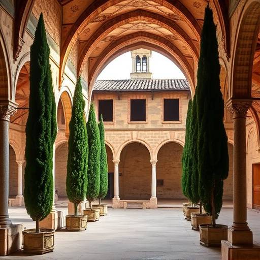 Imagen del Monasterio de Santo Domingo de Silos, mostrando su famoso claustro rom&radic;&deg;nico y los cipreses en el patio.