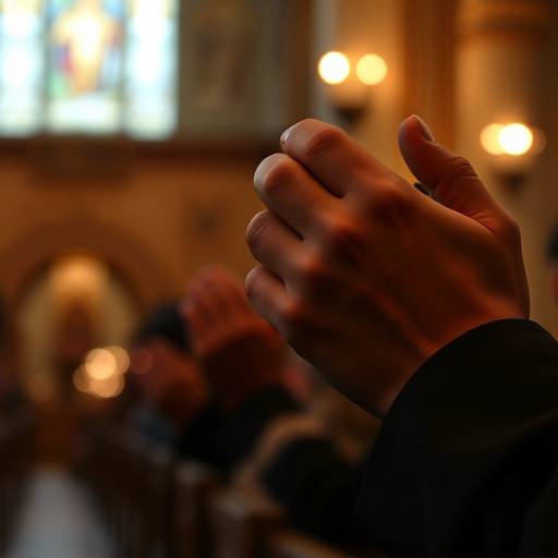 Manos juntas en se&radic;&plusmn;al de oraci&radic;&ge;n dentro de una capilla iluminada por velas.