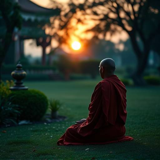 Monje meditando en un jard&radic;&ne;n tranquilo al amanecer