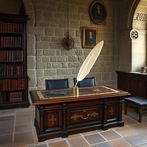 Un escritorio antiguo con una pluma y tintero en un monasterio con paredes de piedra