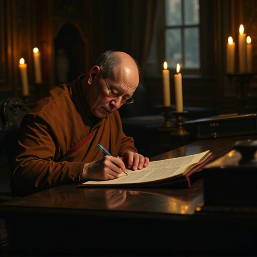 Un monje escribiendo en un escritorio antiguo a la luz de una vela, simbolizando la atenci&radic;&ge;n al detalle y la tradici&radic;&ge;n en el acceso a la informaci&radic;&ge;n.