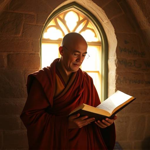 Un monje leyendo un libro antiguo en un monasterio iluminado por la luz de la ventana, simbolizando la sabidur&radic;&ne;a y la historia.