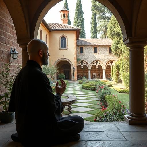 Un monje meditando en un monasterio espa&radic;&plusmn;ol con un jard&radic;&ne;n tranquilo