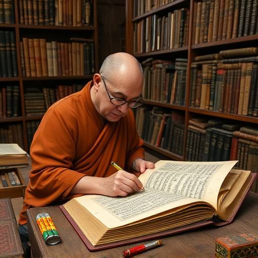 Un monje trabajando en un antiguo manuscrito en la biblioteca del monasterio
