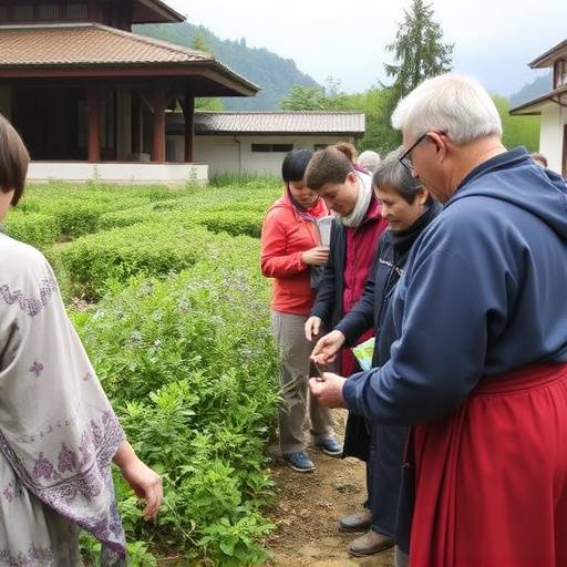 Un participante recolectando hierbas medicinales en el jard&radic;&ne;n del monasterio