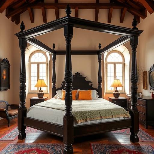 Una habitaci&radic;&ge;n lujosa dentro de un monasterio restaurado con una cama con dosel
