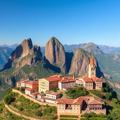 Una vista panor&radic;&deg;mica del Monasterio de Montserrat, con las monta&radic;&plusmn;as escarpadas al fondo.