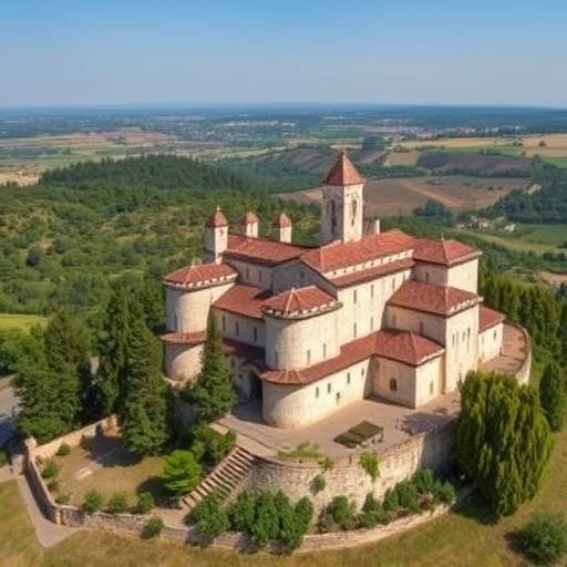 Vista a&radic;&copy;rea del Monasterio de Poblet, mostrando su extensa arquitectura cisterciense y el paisaje circundante.