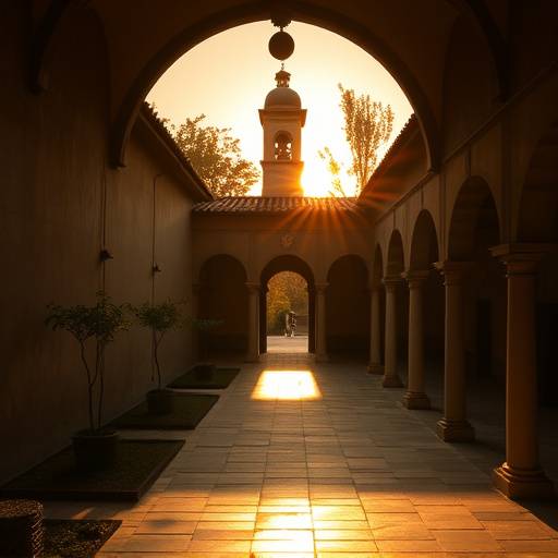 Vista del claustro de un monasterio iluminado por la luz dorada del atardecer