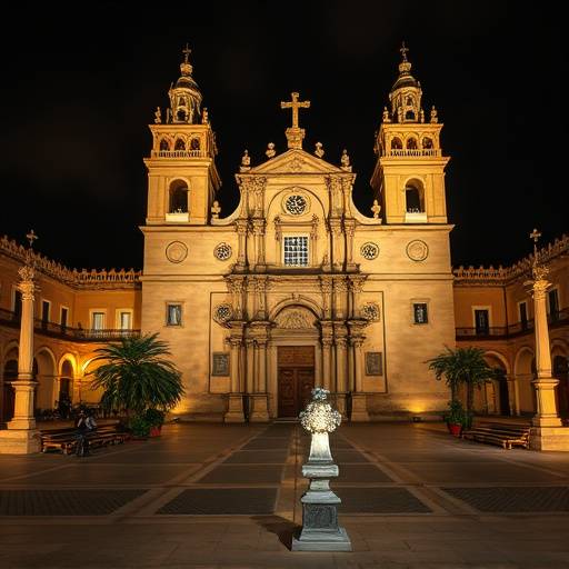 Vista nocturna iluminada del Monasterio de Guadalupe, mostrando su arquitectura mud&radic;&copy;jar y la plaza circundante.